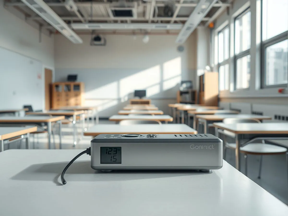 学校教室空气治理服务场景，教室中放置空气质量监测设备